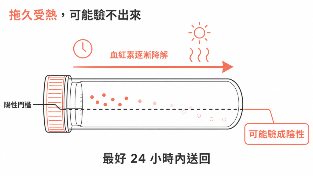 血紅素隨時間與高溫降解、跌破陽性門檻造成假陰性的示意圖