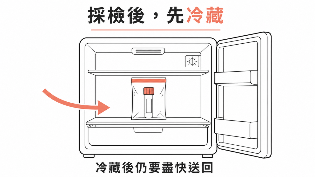 採檢後將檢體密封冷藏並儘快送回的示意圖