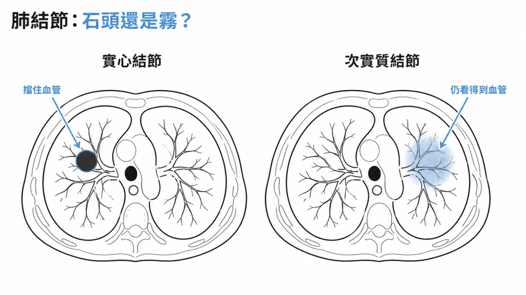 實心結節會擋住後方血管，次實質結節像薄霧、霧中仍看得到血管