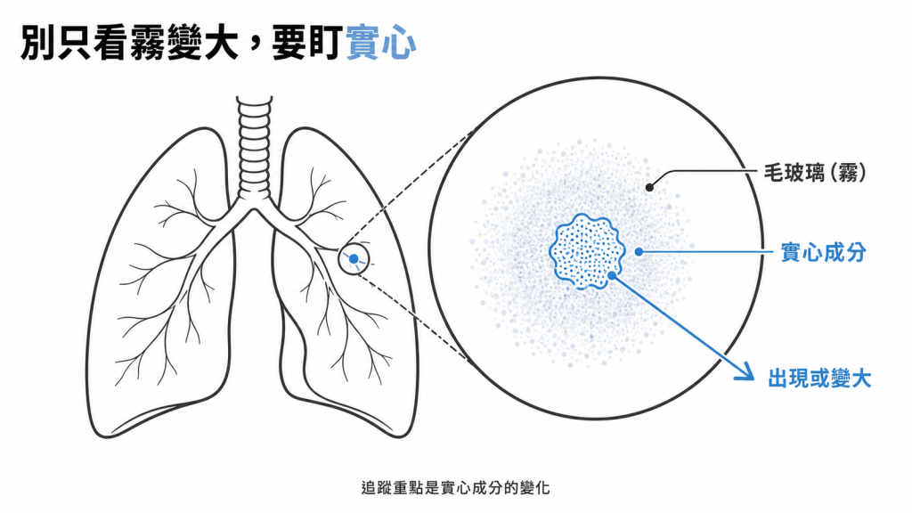 毛玻璃自己變大不代表惡化，實心成分出現或變大才是追蹤重點