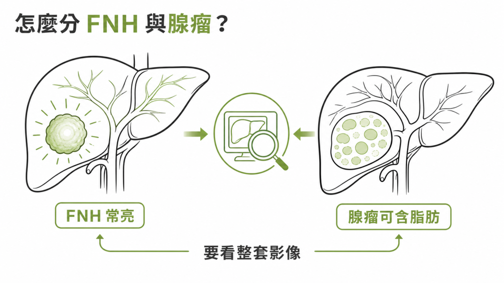 以肝膽期亮暗和結節內脂肪區分 FNH 與肝細胞腺瘤