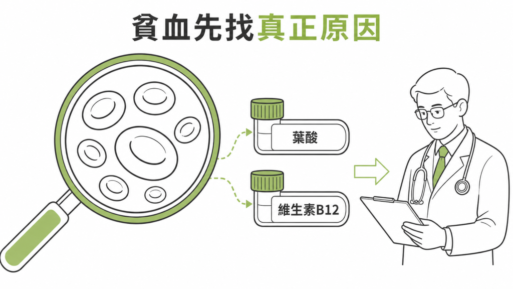 貧血應同時檢查葉酸與維生素B12並由醫師判讀