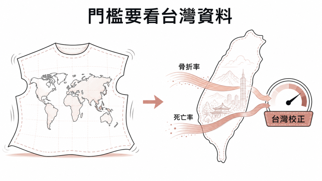 FRAX 門檻依台灣骨折率與死亡率校正示意圖