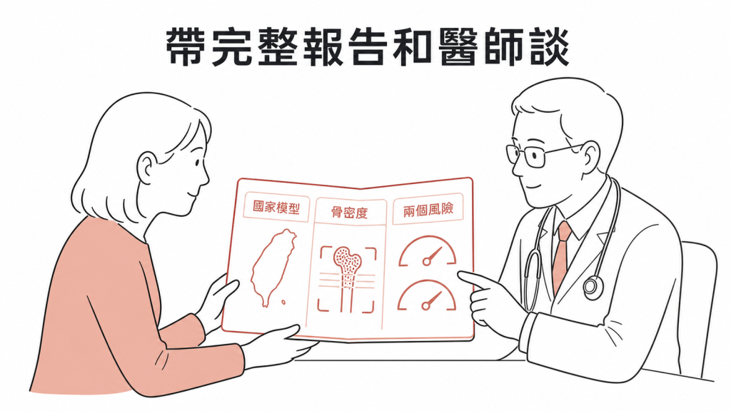 帶完整骨密度與 FRAX 報告和醫師討論示意圖