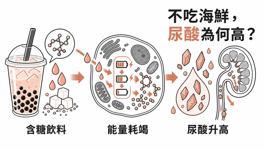 果糖如何讓尿酸升高的示意：含糖飲料的果糖進入細胞後耗竭 ATP 能量，啟動嘌呤拆解使尿酸升高並經腎臟排出變差