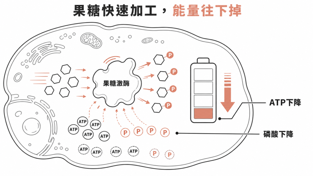 果糖激酶快速把果糖磷酸化，細胞內的 ATP 與磷酸隨之下降