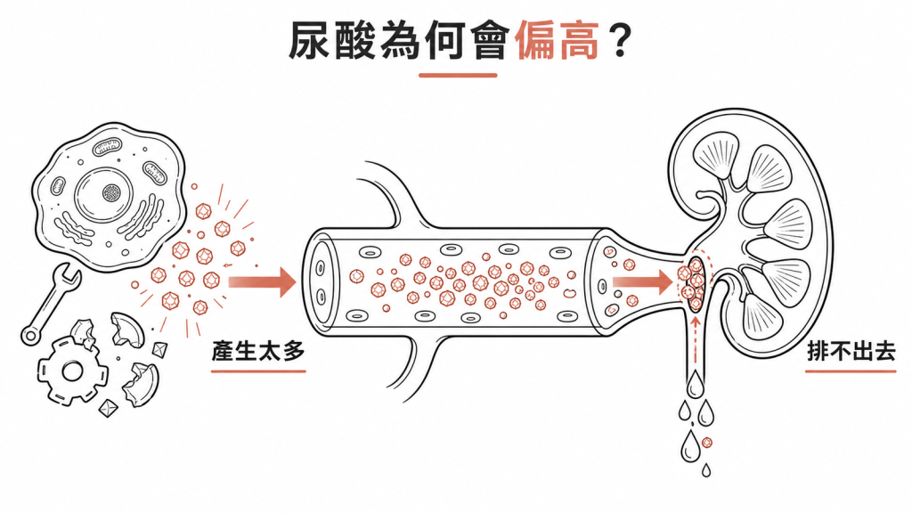 尿酸偏高的兩種可能：細胞汰換產生太多尿酸，或腎臟排不出去