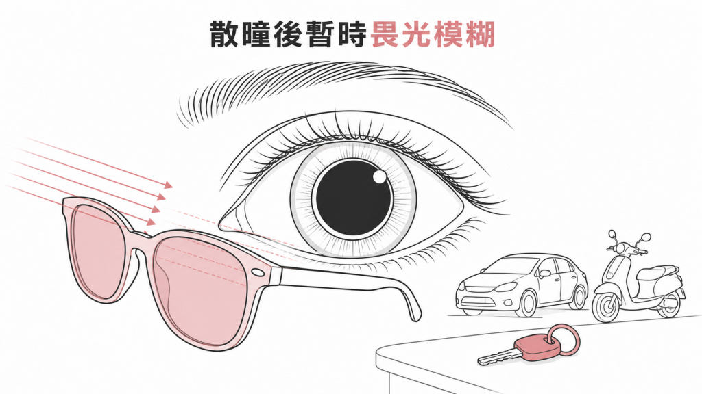 眼底散瞳檢查後會暫時畏光與近距離模糊的衛教圖
