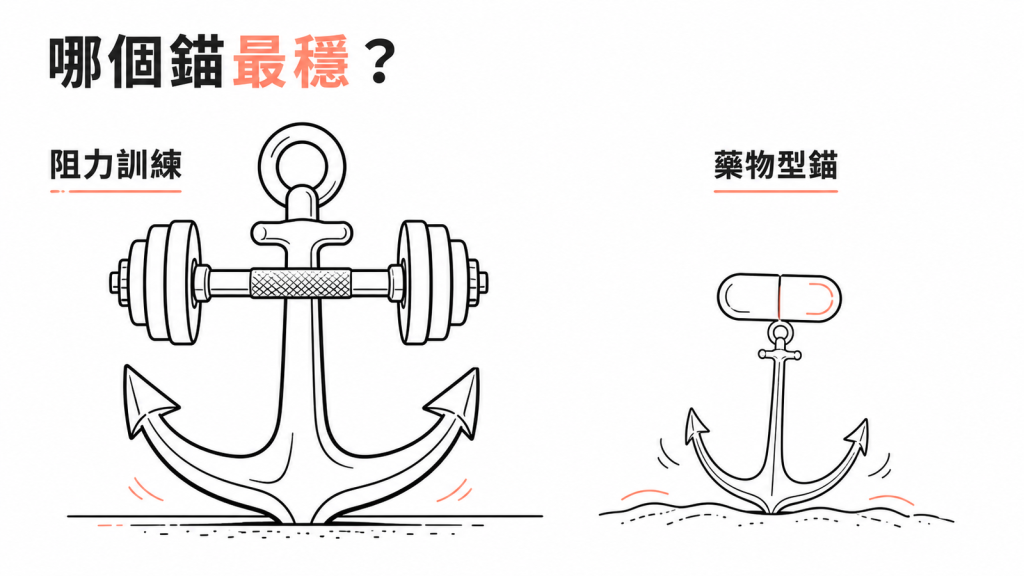 阻力訓練證據強度遠高於藥物型輔助措施的對比示意圖