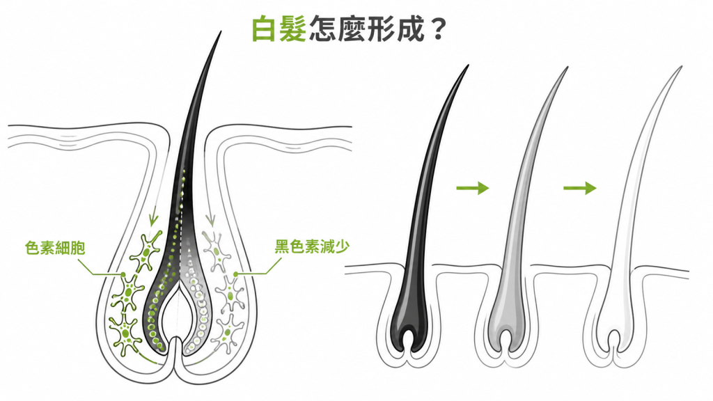 毛囊色素細胞減少使新生頭髮由黑轉白