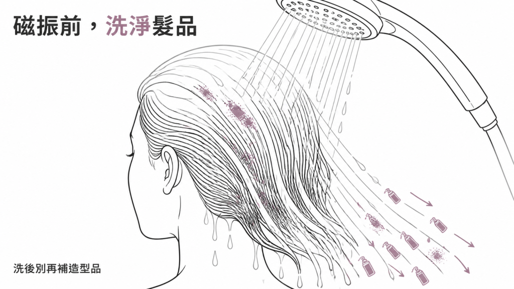 示意圖:磁振造影前把頭髮上的髮品洗淨,洗後不要再補造型產品