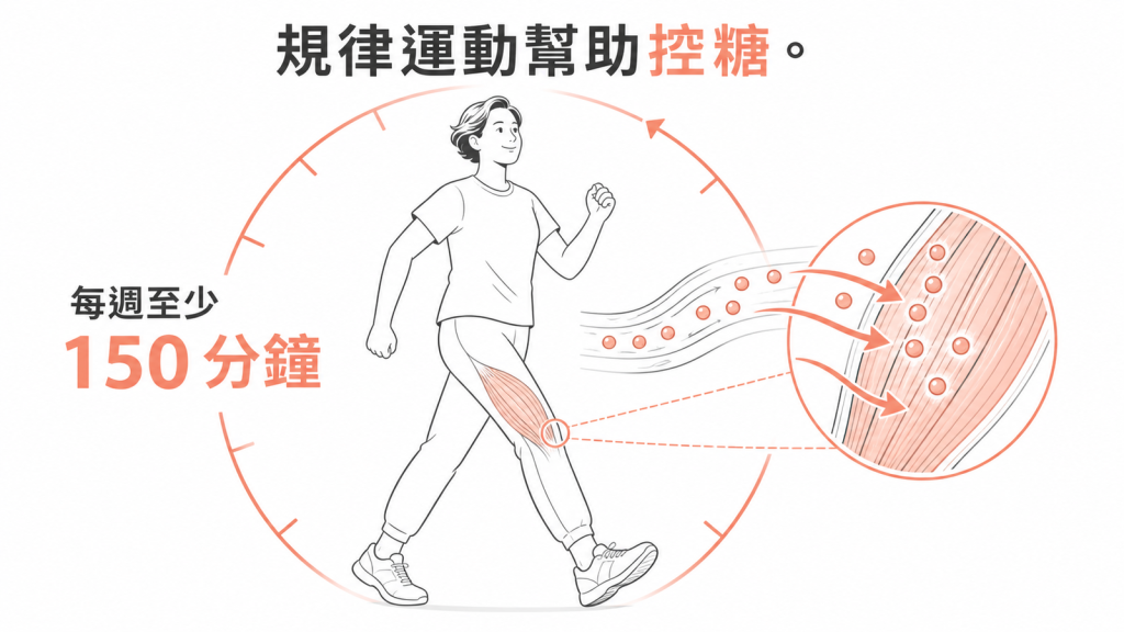 每週至少運動一百五十分鐘幫助控糖示意圖