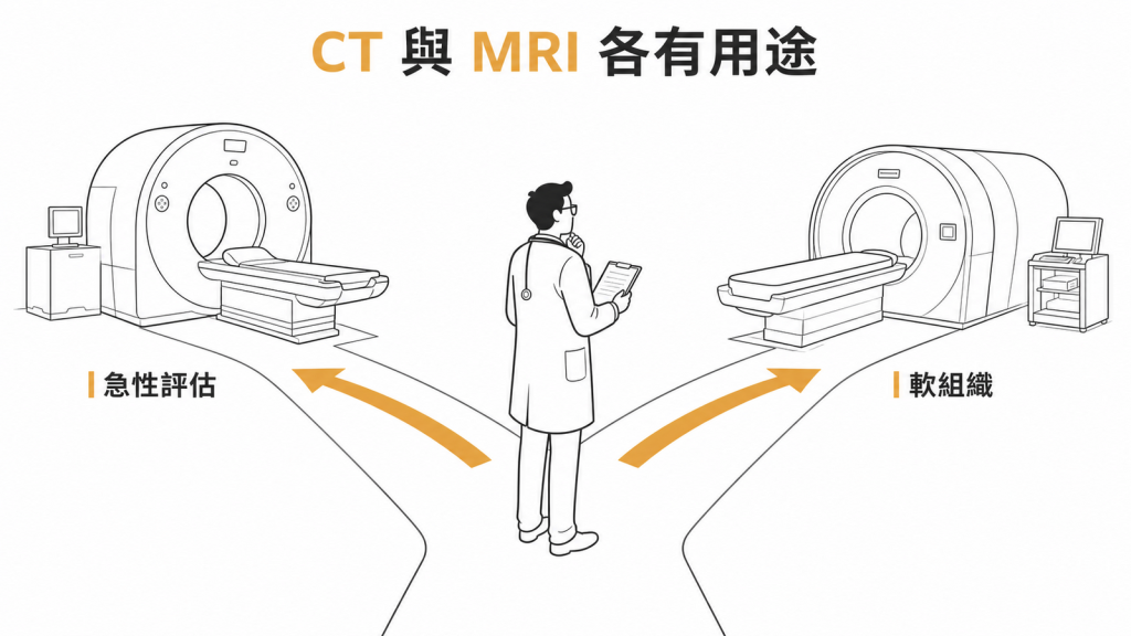 CT 與 MRI 依病況選擇示意圖