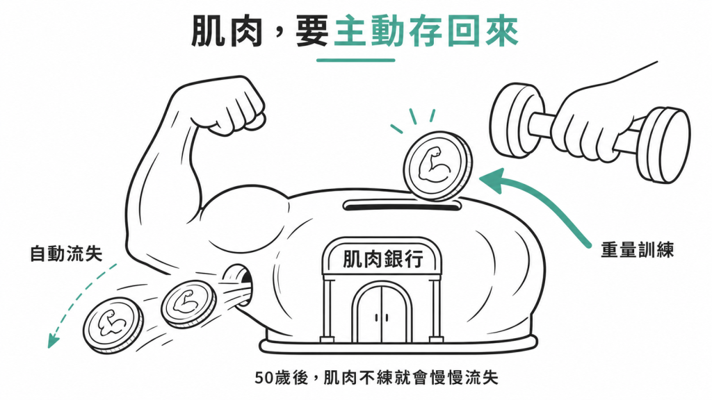 肌肉銀行示意圖:50 歲後肌肉會自動流失,靠重量訓練才存得回來