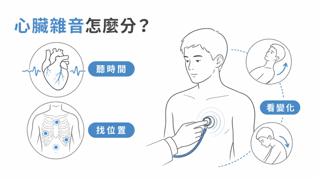 心臟雜音聽診時間、位置與姿勢變化圖解