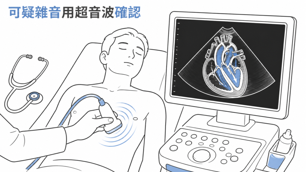 經胸心臟超音波確認可疑心臟雜音示意圖
