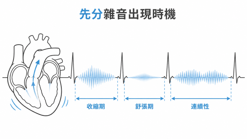 收縮期、舒張期與連續性心臟雜音時機圖解