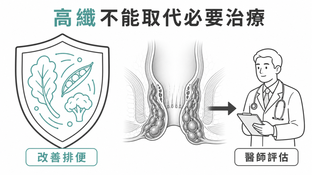 高纖飲食改善排便但不能取代必要痔瘡治療示意圖