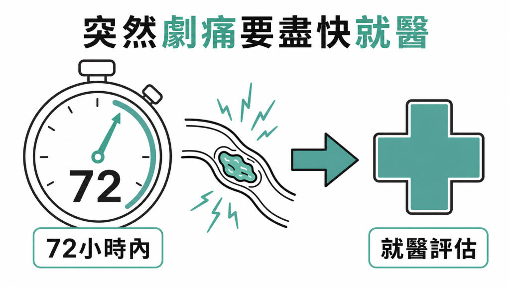 痔瘡突然劇痛應在72小時內就醫評估示意圖