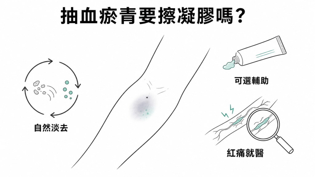 抽血瘀青可自然淡去,類肝素凝膠是輔助選項,紅痛硬條需要就醫