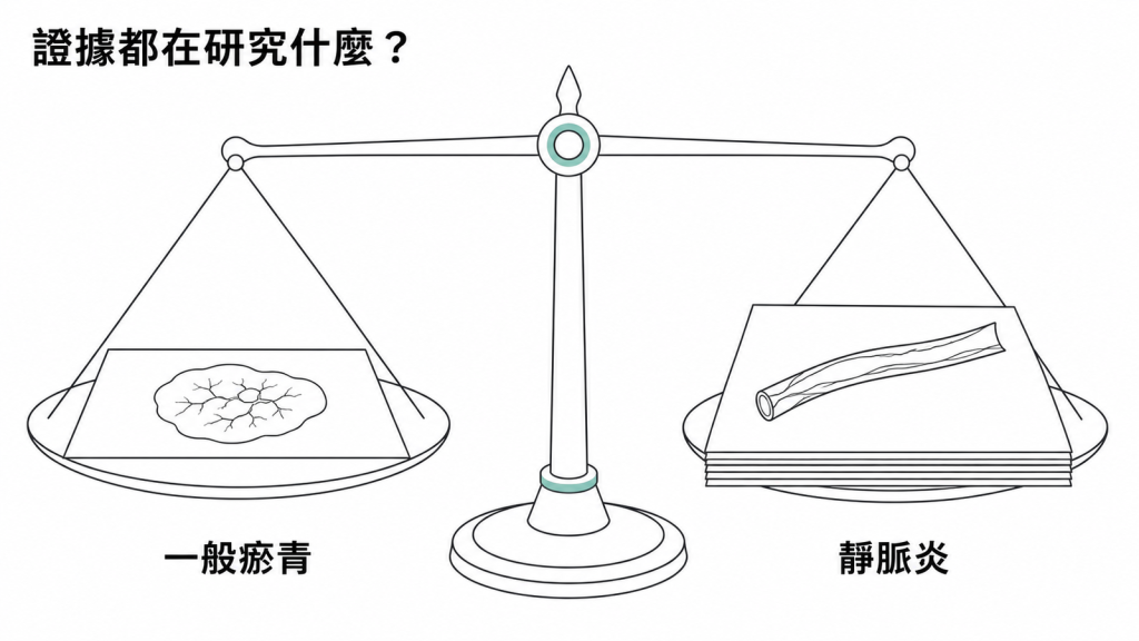 類肝素凝膠研究多來自表淺靜脈炎而非一般抽血瘀青示意圖
