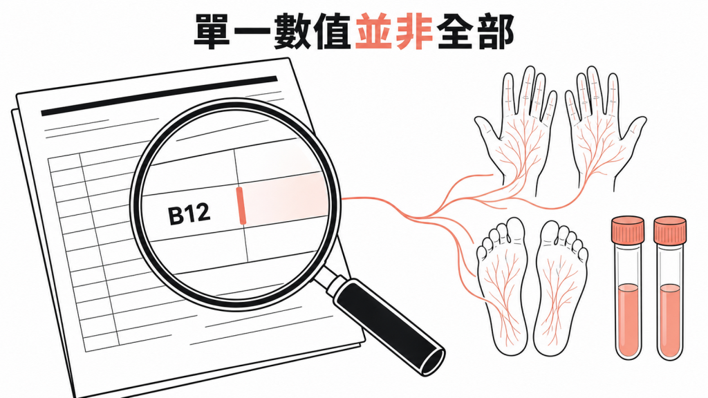 維生素B12檢驗需配合症狀與進一步檢查判讀的衛教圖