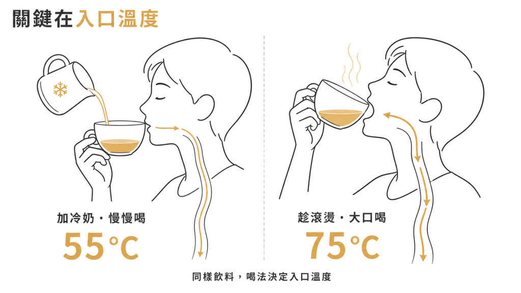 同樣的飲料,加冷奶慢慢喝與趁滾燙大口喝,入口溫度差 20 度的對照圖