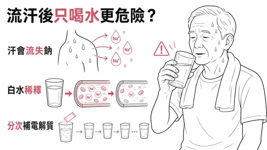 低血鈉衛教資訊圖:流汗流失鈉、白開水稀釋血鈉、分次補充電解質