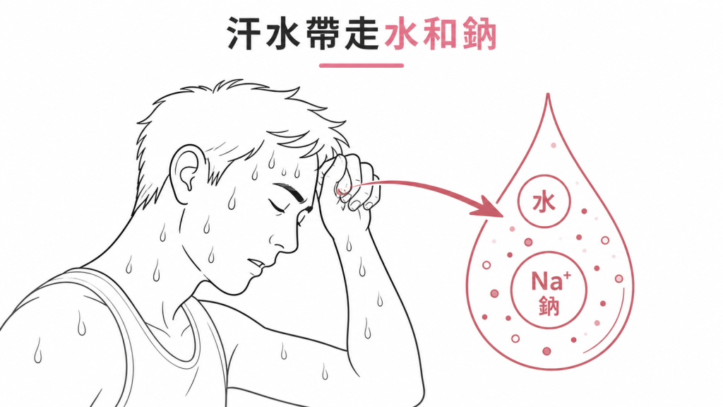 示意圖:汗水帶走的是水和鈉,不是純水