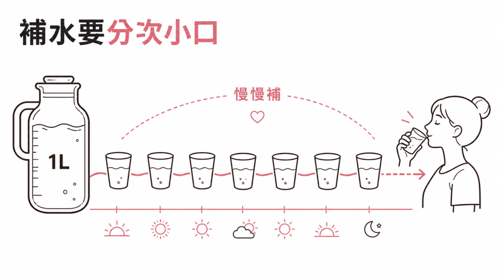 示意圖:一公升的水分成多次小口慢慢補,攤平在一整天