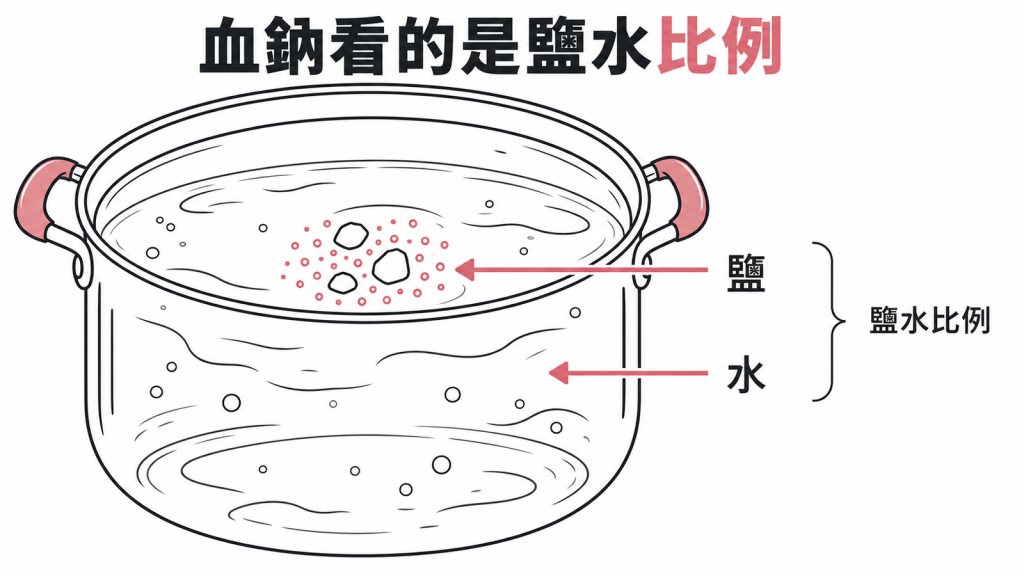 示意圖:血鈉看的是鹽和水的比例,像一鍋湯的鹹淡