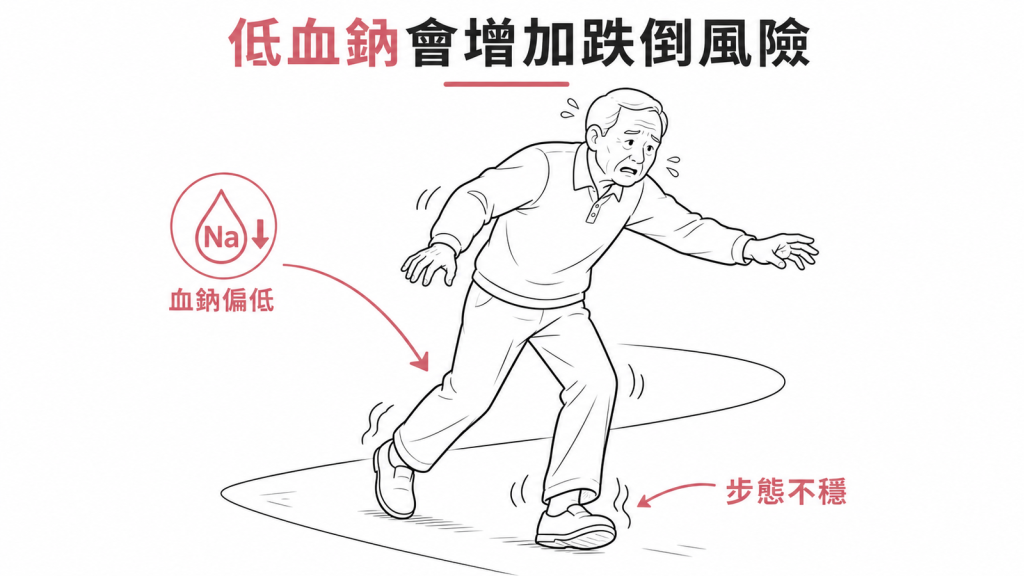 示意圖:長輩血鈉偏低會影響步態穩定,增加跌倒風險