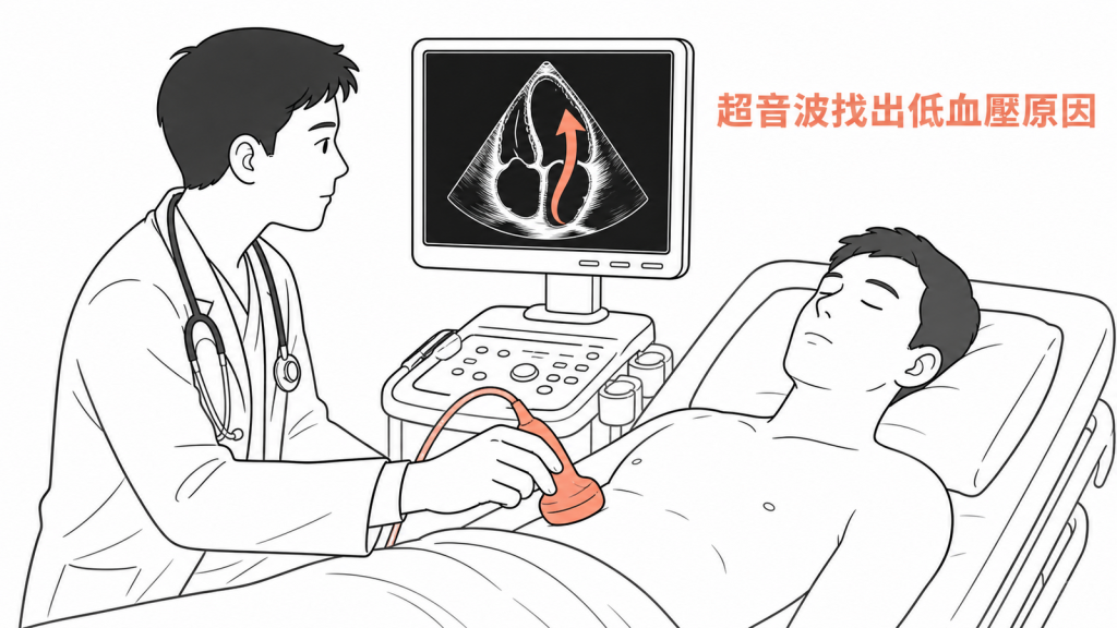 床邊超音波能協助醫師判斷心臟收縮與體液狀態,找出低血壓原因