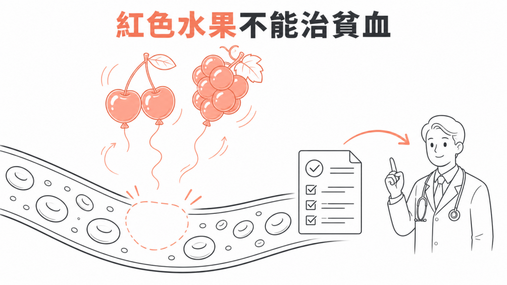櫻桃葡萄等紅色水果不能取代缺鐵性貧血治療的衛教圖