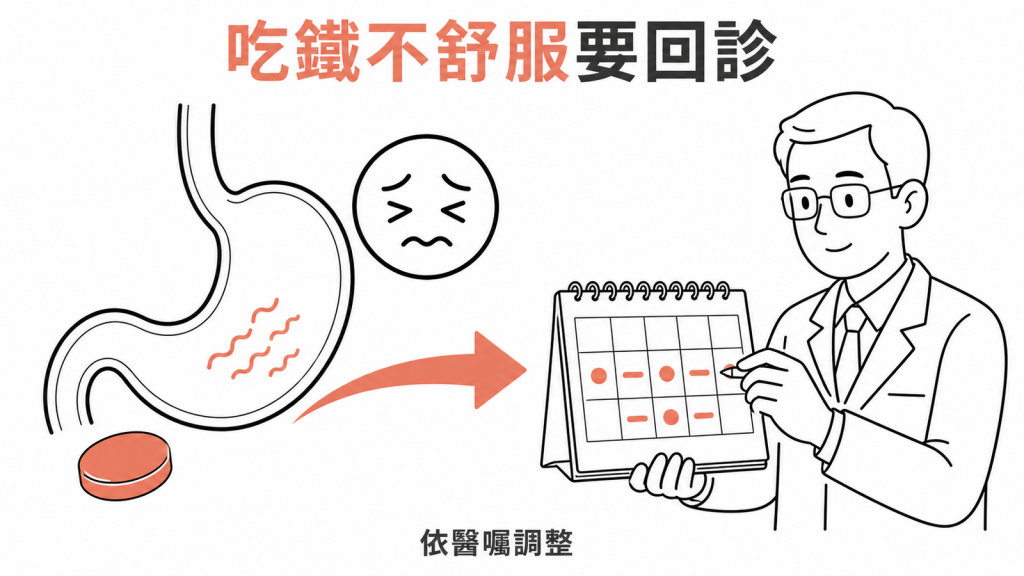 口服鐵劑造成腸胃不適時應回診由醫師調整服用方式的衛教圖