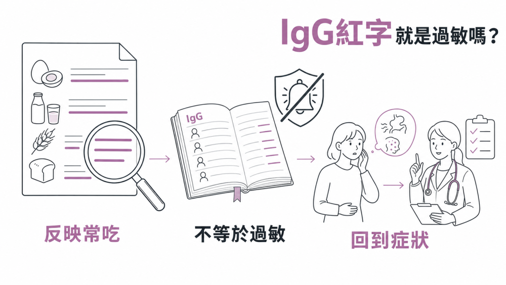 IgG 食物過敏原檢測報告的紅字反映常吃的食物,不等於過敏,判斷仍要回到症狀
