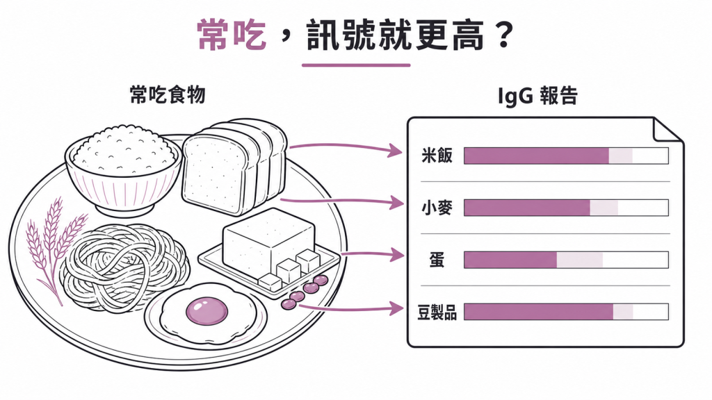 常吃的米飯、小麥、蛋與豆製品,在 IgG 報告上訊號較高,反映飲食頻率