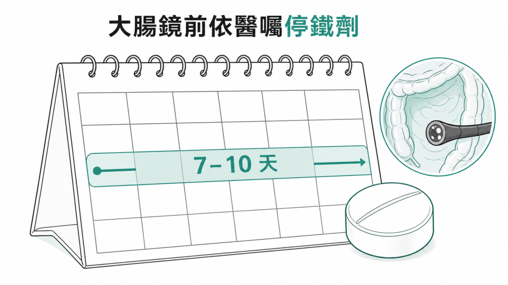大腸鏡前依醫囑短期停用口服鐵劑示意圖