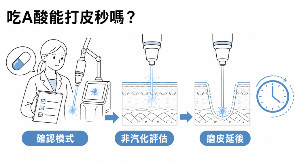 A酸皮秒雷射治療模式評估與磨皮延後示意圖