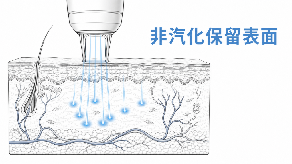 非汽化雷射在保留皮膚表面的狀態下作用於皮內示意圖