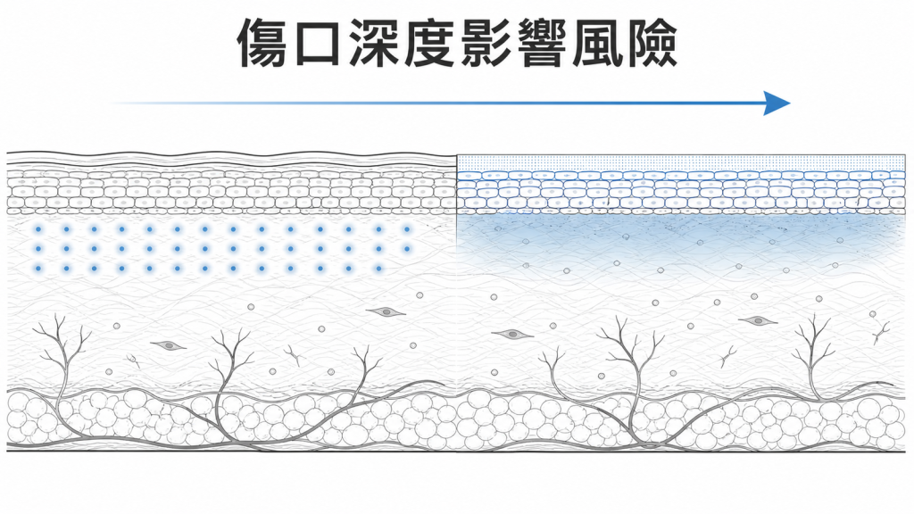 雷射作用深度與皮膚修復風險關係示意圖