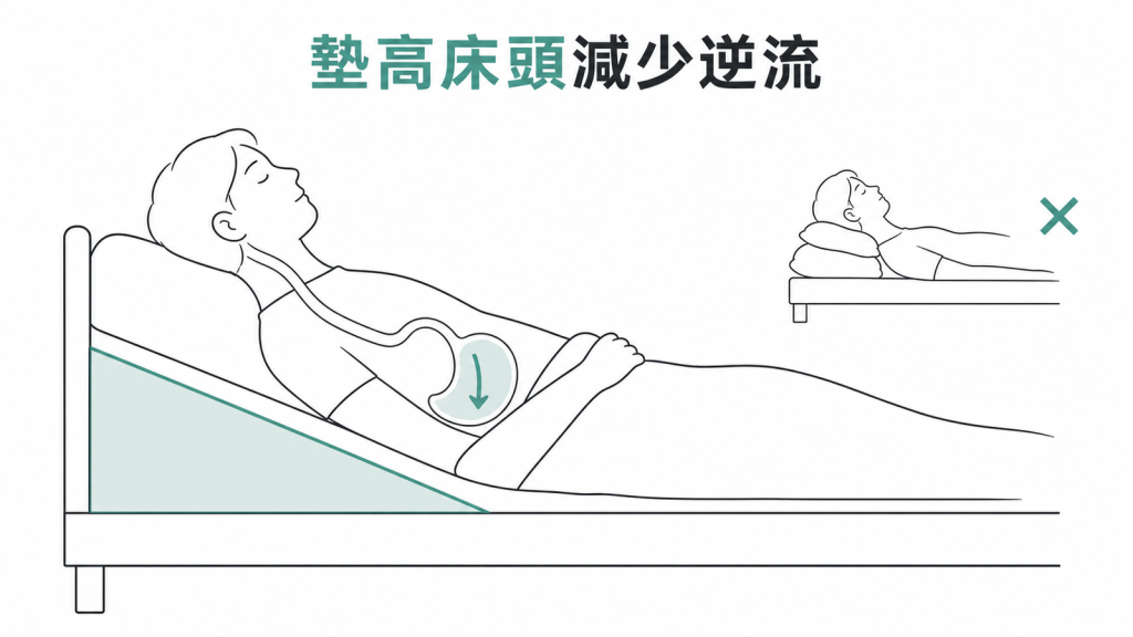 墊高床頭減少胃食道逆流示意圖