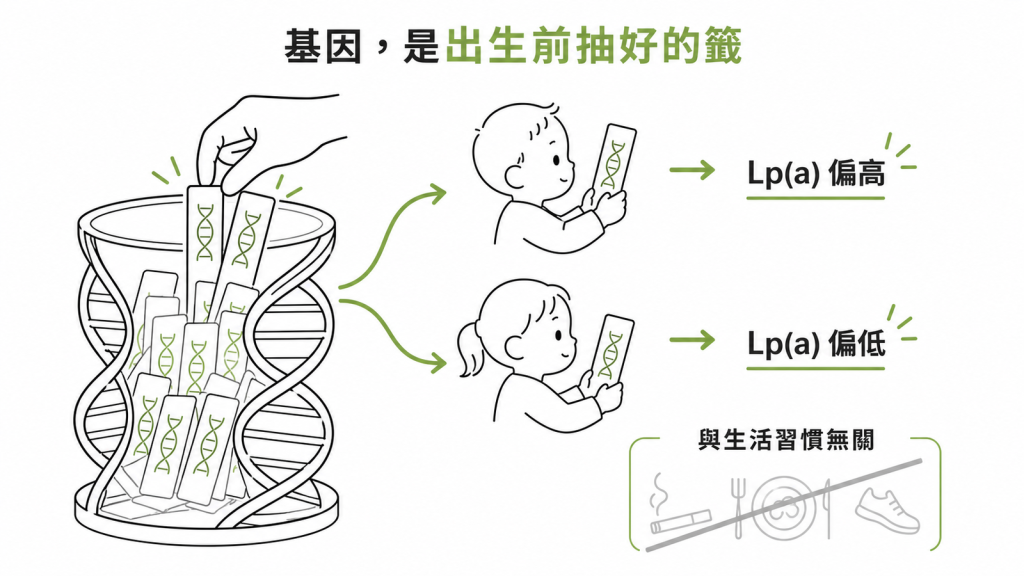 基因像出生前就抽好的籤:有人天生 Lp(a) 偏高、有人偏低,與後天生活習慣無關