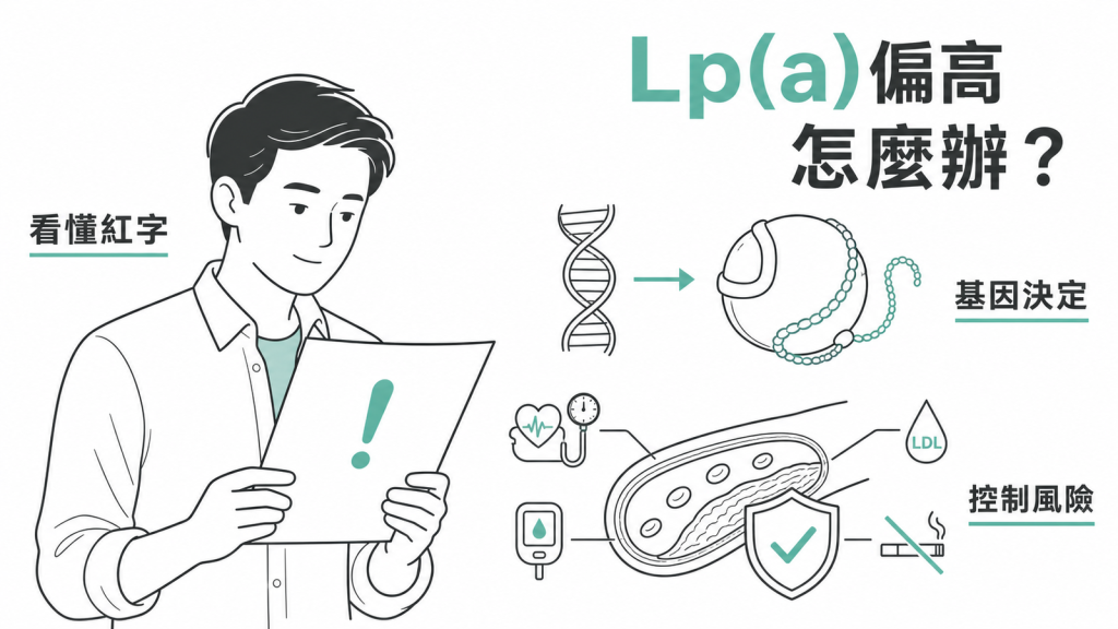 男性看健檢報告上的脂蛋白(a) 紅字,圖解說明 Lp(a) 由基因決定,重點在控制其他血管風險