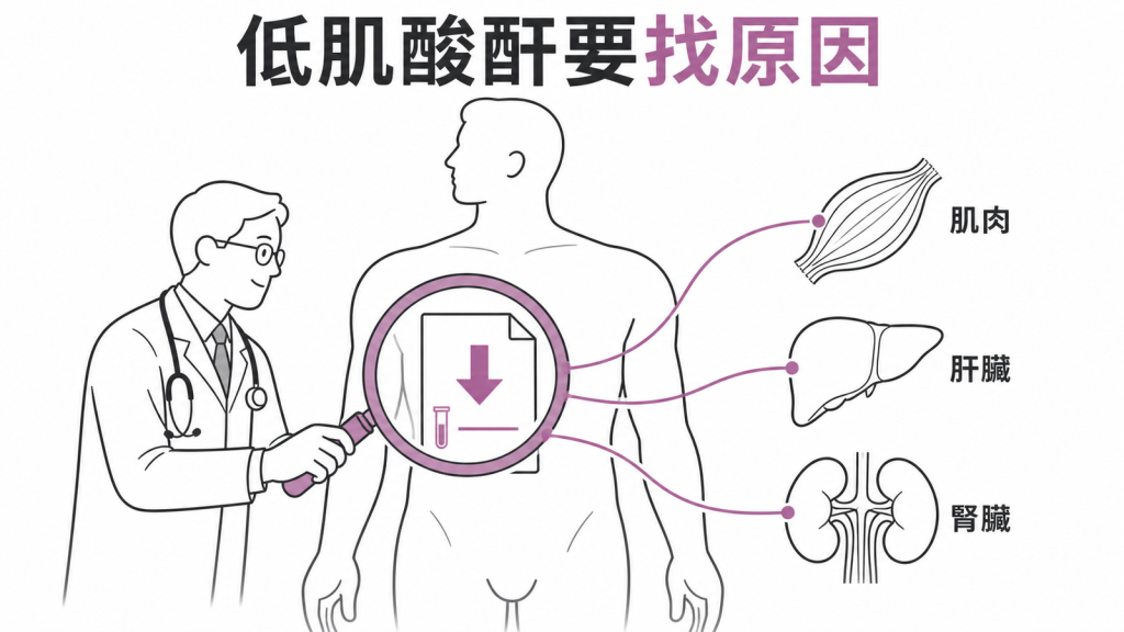 低肌酸酐需評估肌肉肝臟與腎臟原因示意圖