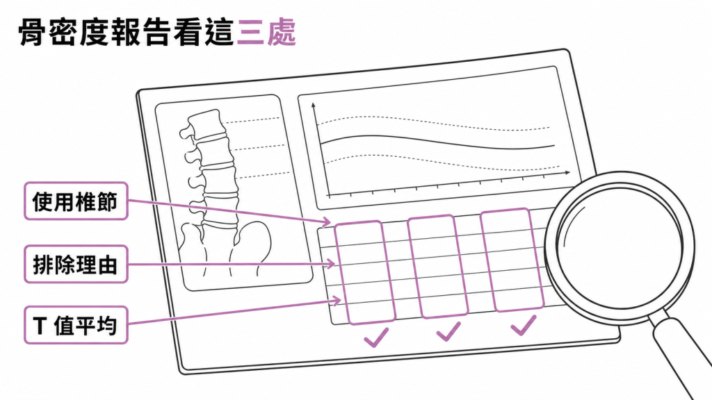 骨密度報告要看使用椎節、排除理由與T值平均三處的示意圖