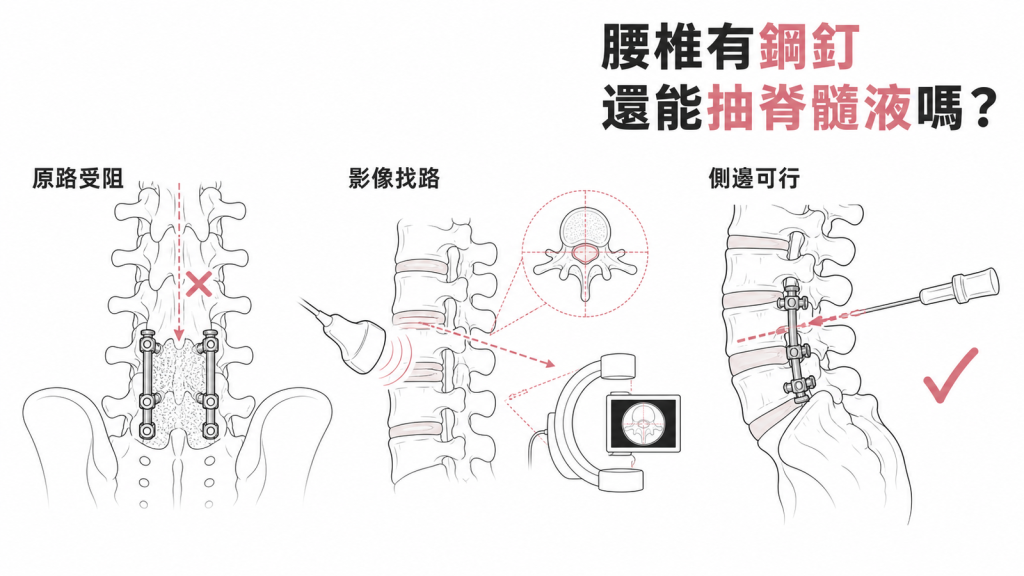 腰椎穿刺在脊椎融合手術後的三種路徑示意:中線原路被鋼釘與融合骨擋住、影像導引找可用間隙、從側邊神經孔進針