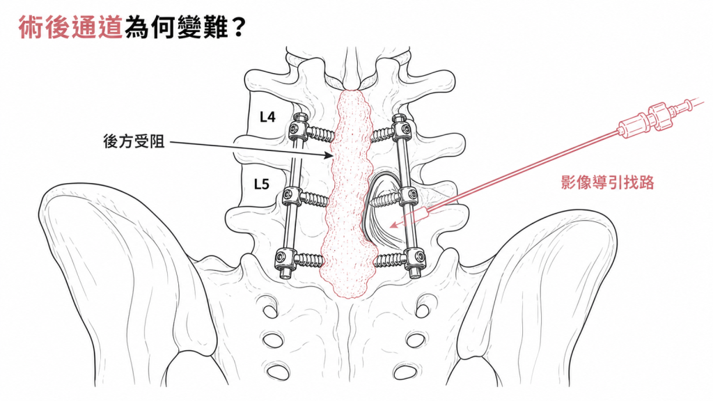 腰椎融合後 L4-L5 後方椎板間隙被骨移植與骨釘封住,傳統中線路徑受阻,改以影像導引尋找可用路線