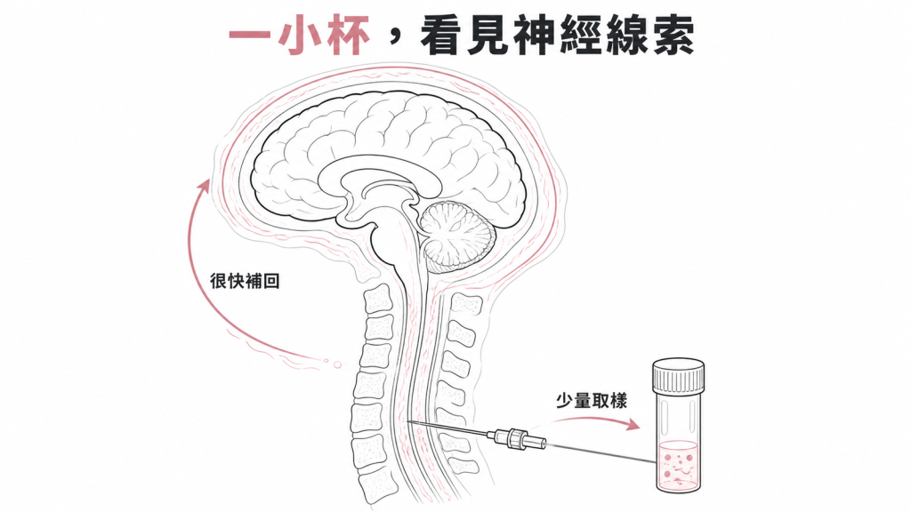 抽脊髓液示意:腦與脊髓外包著一層循環的液體,穿刺只取一小杯化驗,身體很快補回