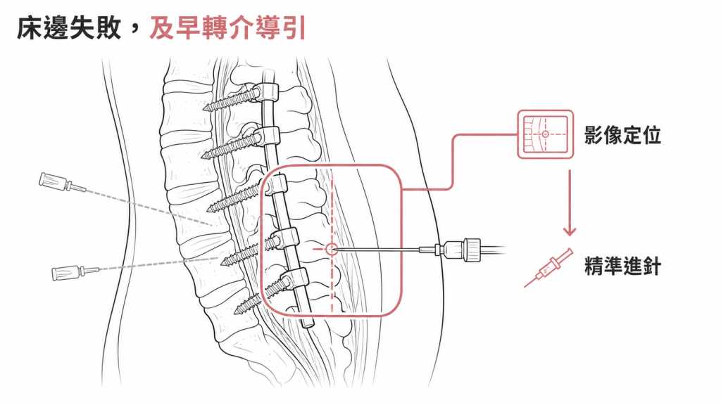 床邊反覆盲扎落空時,及早轉介影像導引穿刺,先定位再精準進針